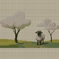 sheep-meadow-dream-trees full cross stitch design mockup without frame, realistic embroidery preview