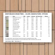 sheep-meadow-dream-trees thread color chart with DMC, Anchor, Sullivans, J&P Coats and Maxi color references