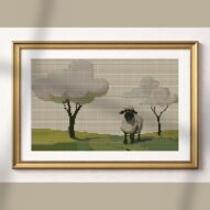 sheep-meadow-dream-trees alternative framed cross stitch mockup, realistic finished embroidery presentation