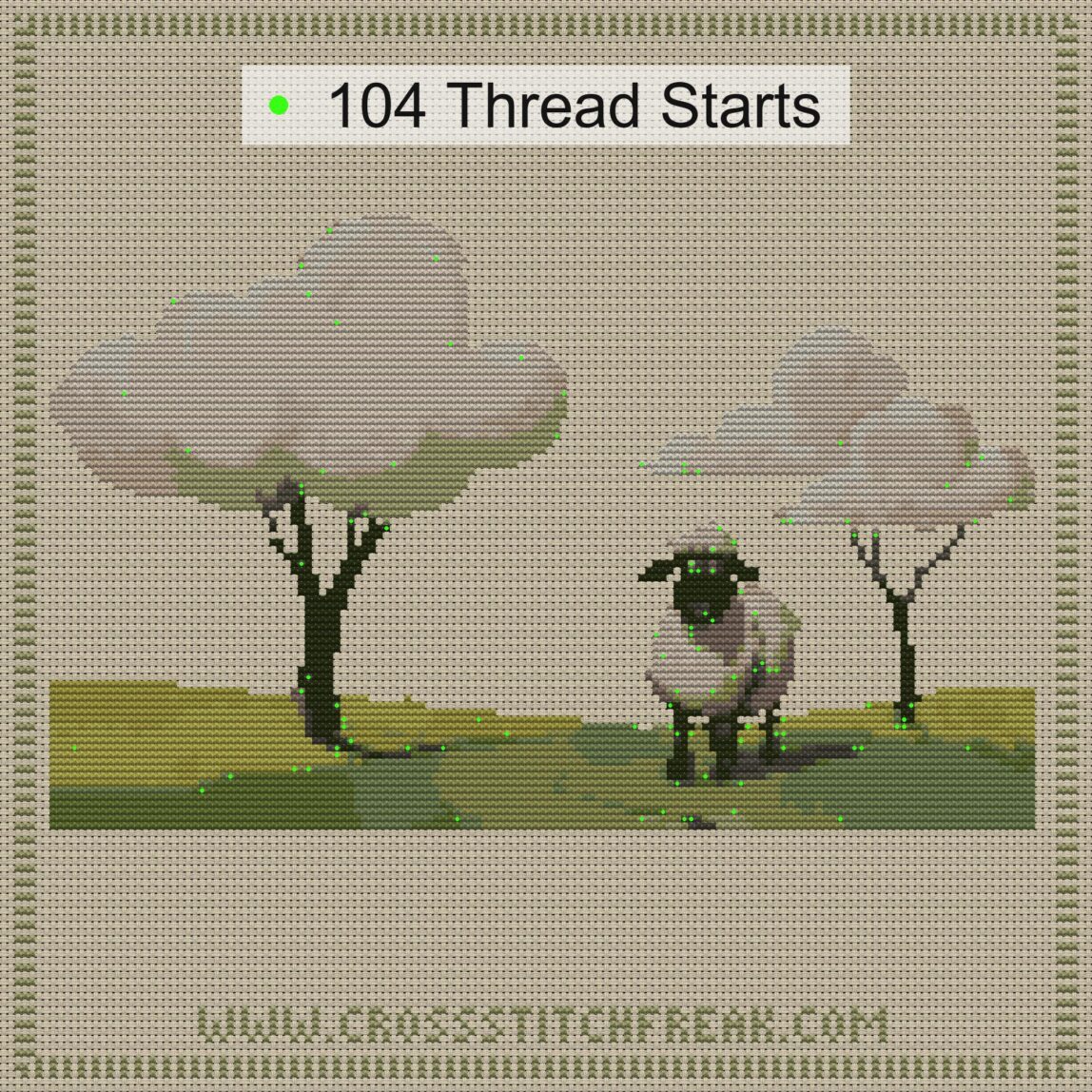 sheep-meadow-dream-trees thread start point map sheep-meadow-dream-trees cross stitch start point map with highlighted thread start positions in the full design