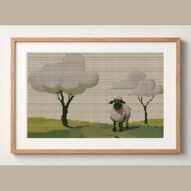 sheep-meadow-dream-trees framed cross stitch mockup, realistic finished embroidery design, PDF pattern digital download