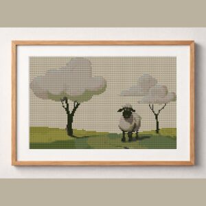 sheep-meadow-dream-trees framed cross stitch mockup, realistic finished embroidery design, PDF pattern digital download