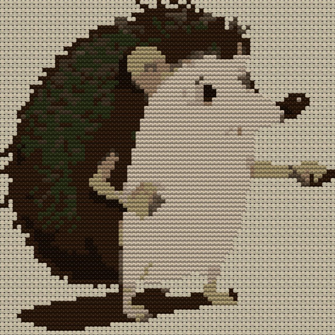 spiky-hedgehog full cross stitch design mockup without frame, realistic embroidery preview