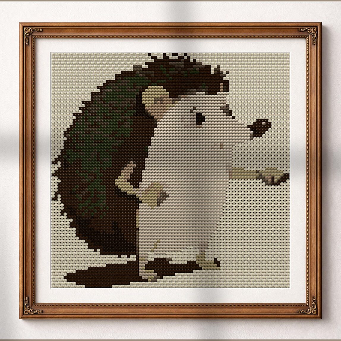 spiky-hedgehog alternative framed cross stitch mockup, realistic finished embroidery presentation