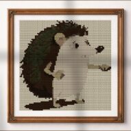 spiky-hedgehog alternative framed cross stitch mockup, realistic finished embroidery presentation