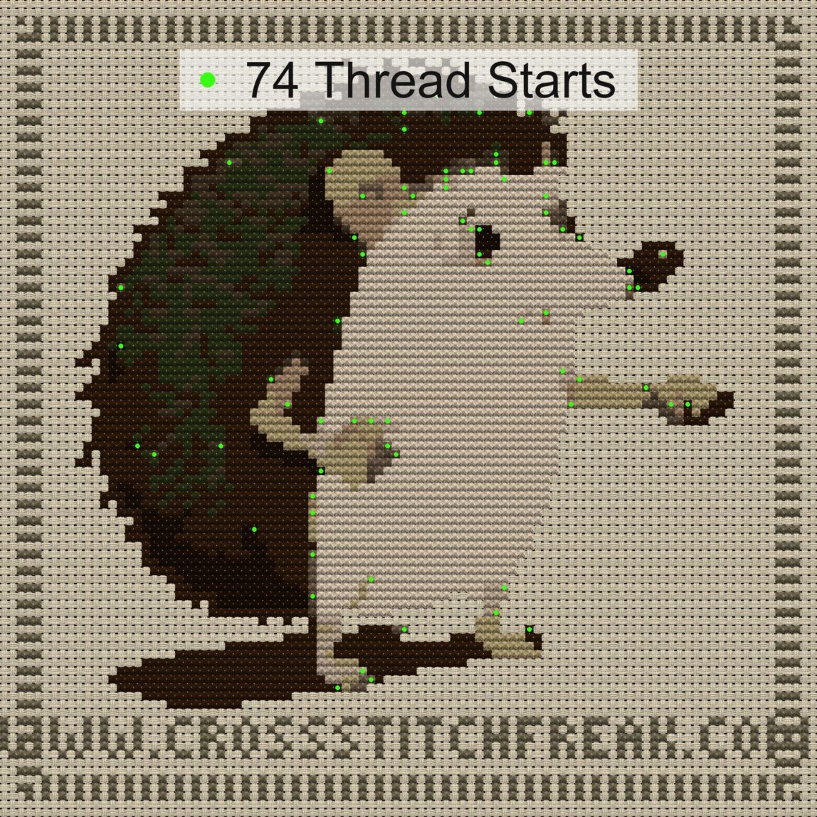 spiky-hedgehog cross stitch start point map with highlighted thread start positions in the full design