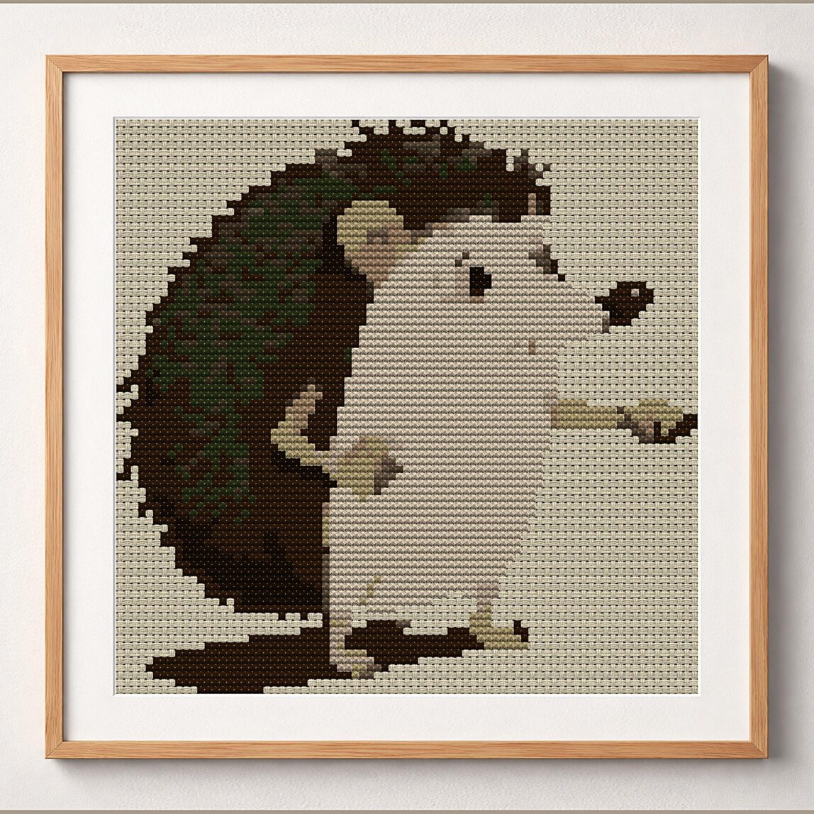 spiky-hedgehog framed cross stitch mockup, realistic finished embroidery design, PDF pattern digital download