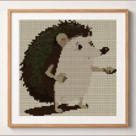 spiky-hedgehog framed cross stitch mockup, realistic finished embroidery design, PDF pattern digital download
