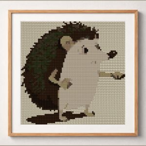 spiky-hedgehog framed cross stitch mockup, realistic finished embroidery design, PDF pattern digital download