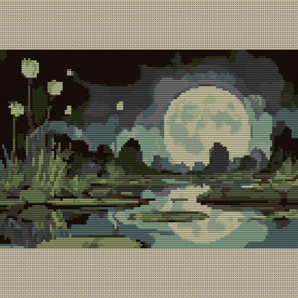 still-midnight-pond full cross stitch design mockup without frame, realistic embroidery preview
