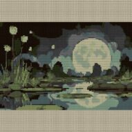 still-midnight-pond full cross stitch design mockup without frame, realistic embroidery preview