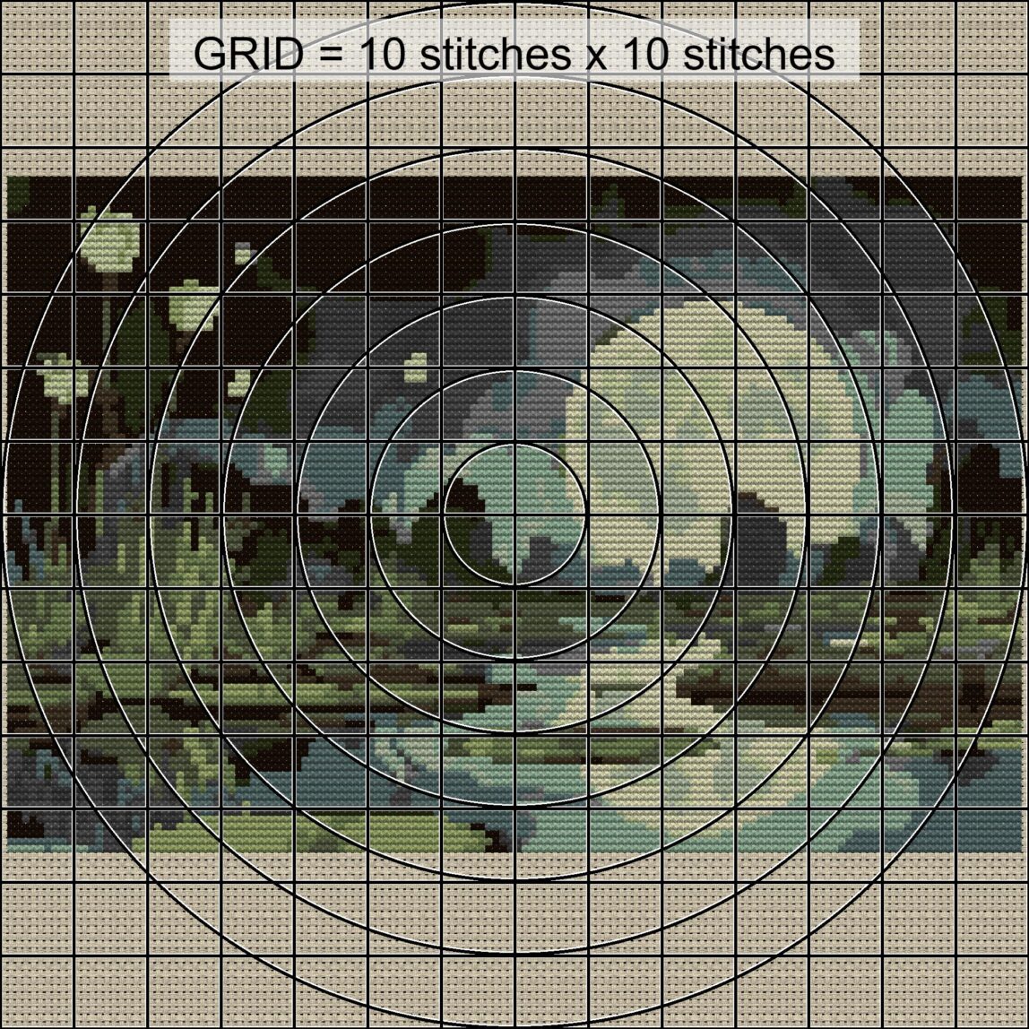 still-midnight-pond close-up cross stitch detail showing color changes, confetti areas and stitch texture