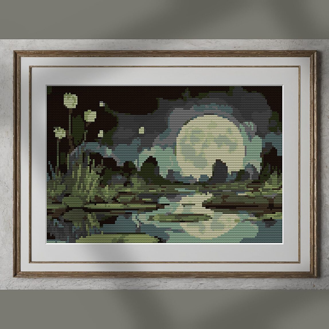 still-midnight-pond alternative framed cross stitch mockup, realistic finished embroidery presentation