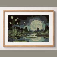still-midnight-pond framed cross stitch mockup, realistic finished embroidery design, PDF pattern digital download