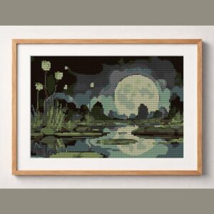 still-midnight-pond framed cross stitch mockup, realistic finished embroidery design, PDF pattern digital download