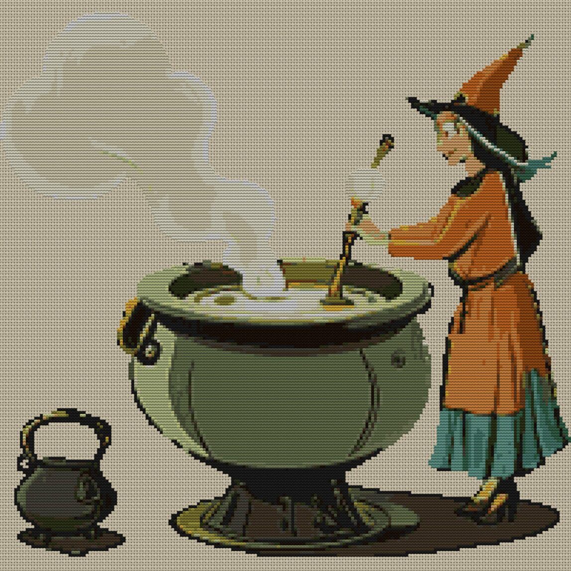 witch-brewing-elixir full design mockup without frame witch-brewing-elixir full cross stitch design mockup without frame, realistic embroidery preview
