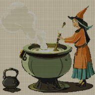 witch-brewing-elixir full cross stitch design mockup without frame, realistic embroidery preview