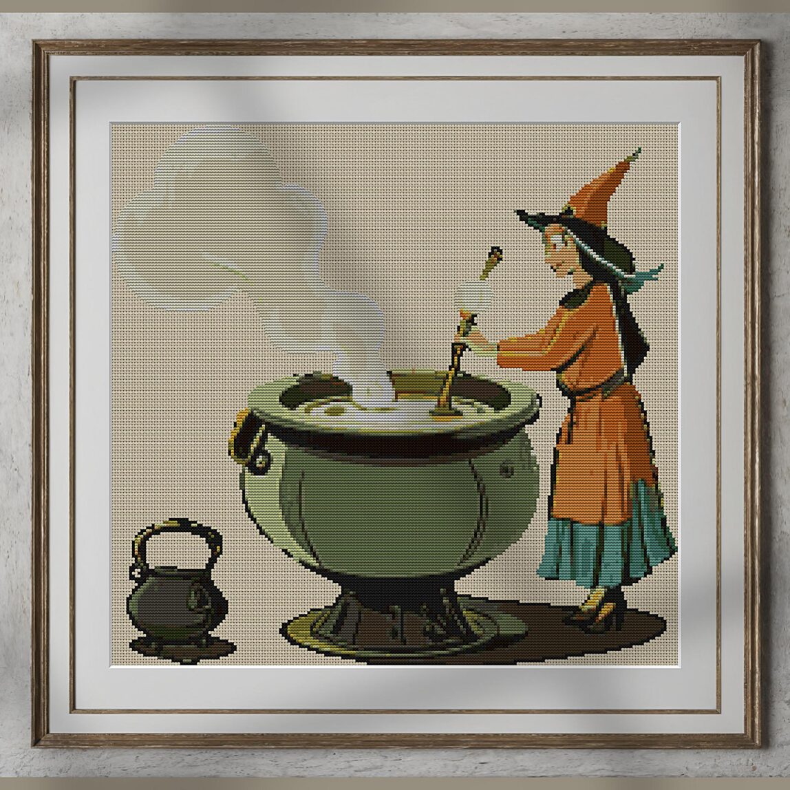 witch-brewing-elixir alternative framed mockup witch-brewing-elixir alternative framed cross stitch mockup, realistic finished embroidery presentation