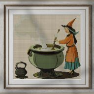 witch-brewing-elixir alternative framed cross stitch mockup, realistic finished embroidery presentation