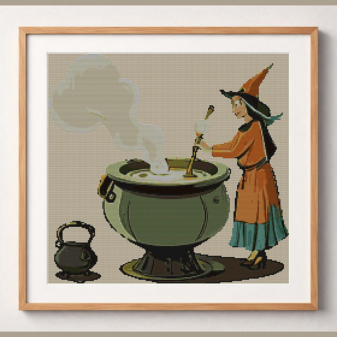 witch-brewing-elixir framed cross stitch mockup witch-brewing-elixir framed cross stitch mockup, realistic finished embroidery design, PDF pattern digital download