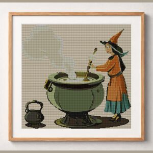 witch-brewing-elixir framed cross stitch mockup, realistic finished embroidery design, PDF pattern digital download