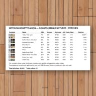 witch-silhouette-moon thread color chart with DMC, Anchor, Sullivans, J&P Coats and Maxi color references