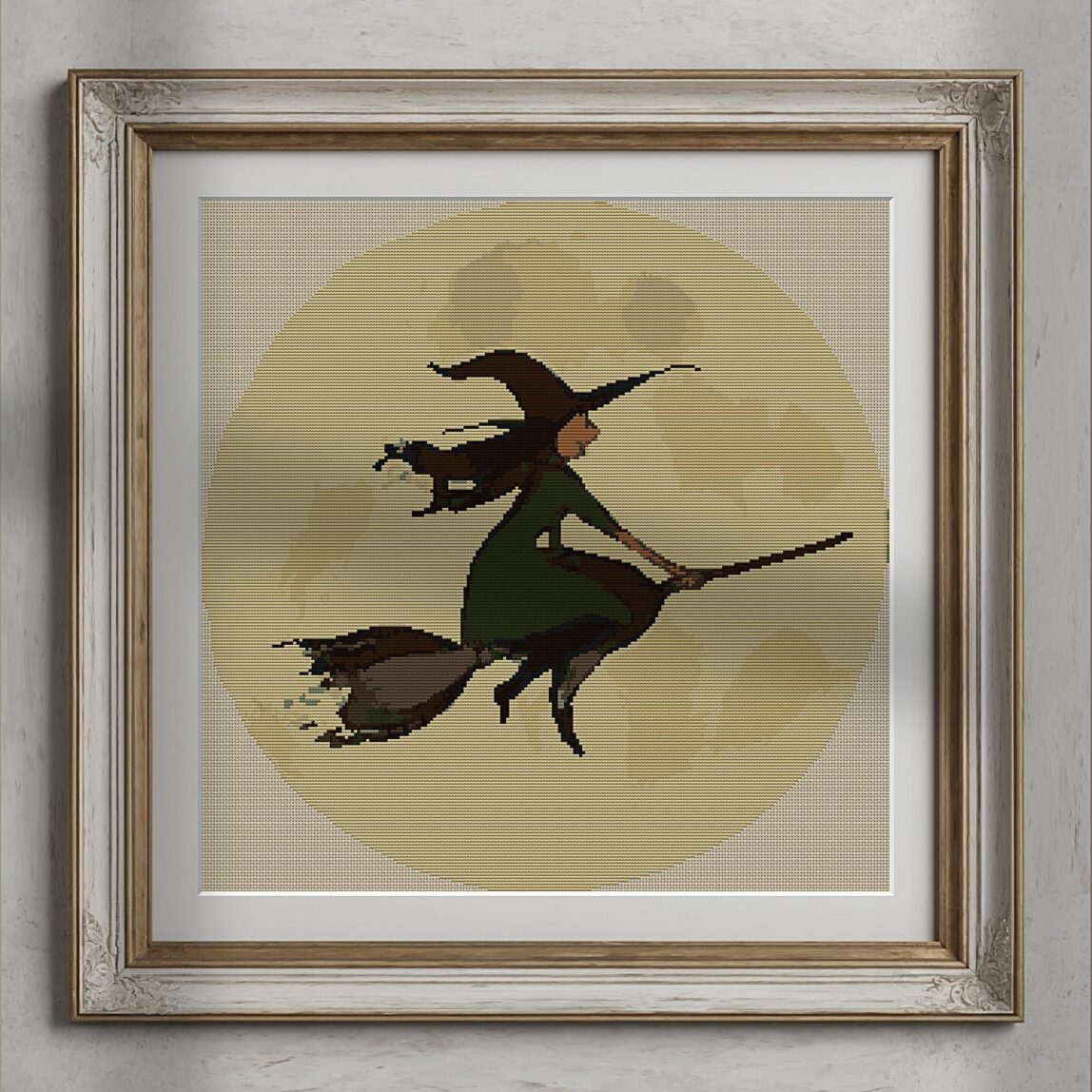 witch-silhouette-moon alternative framed cross stitch mockup, realistic finished embroidery presentation