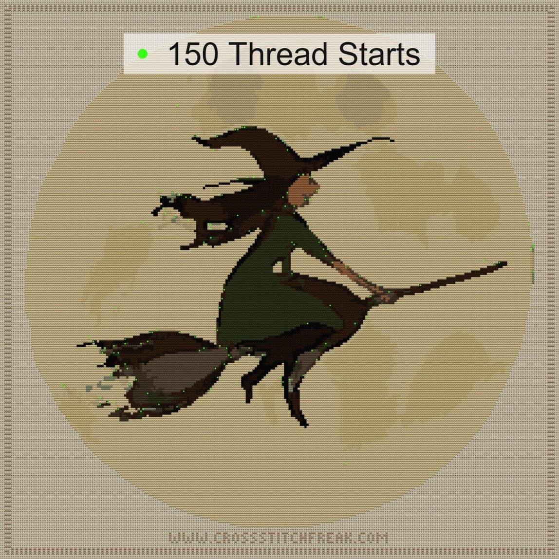 witch-silhouette-moon cross stitch start point map with highlighted thread start positions in the full design
