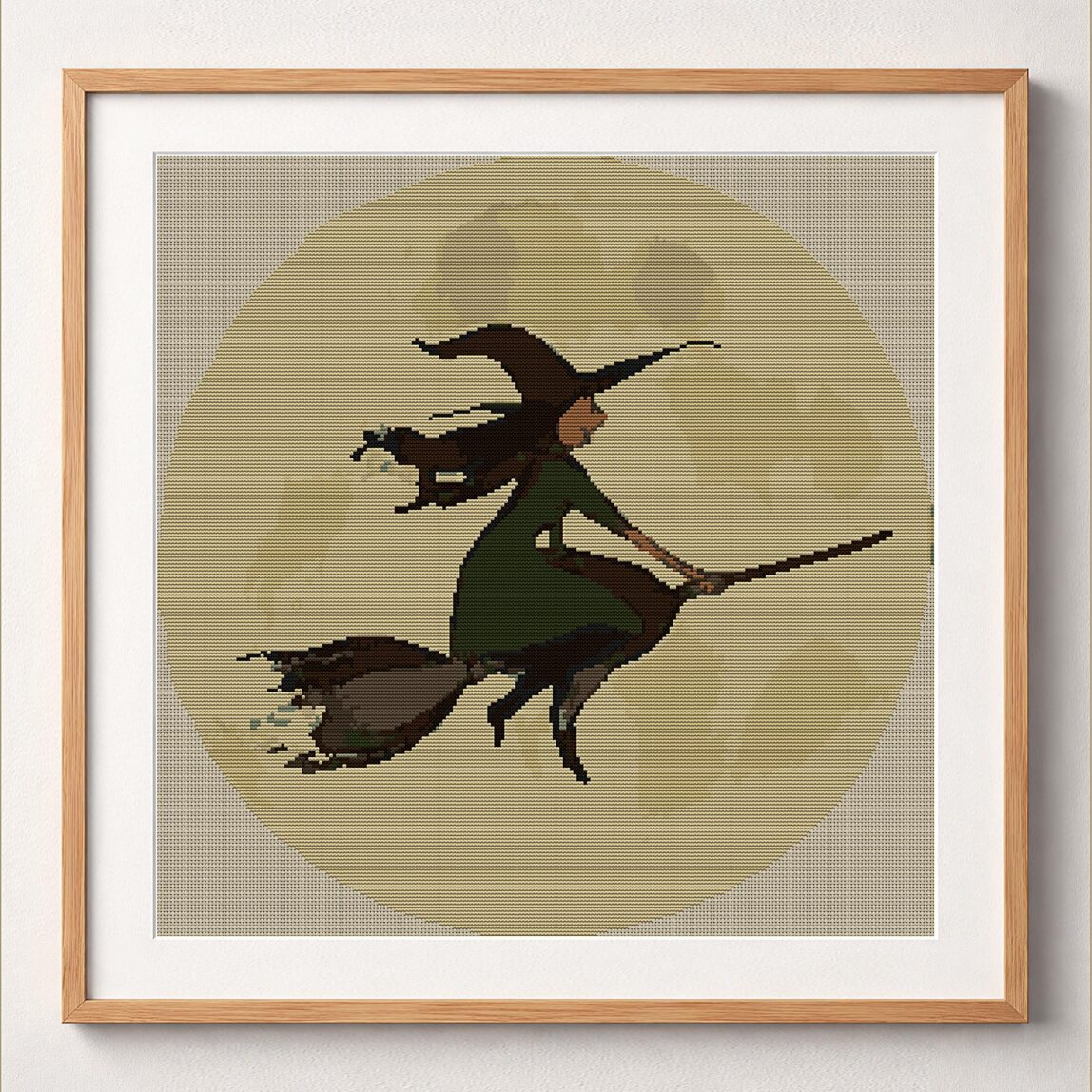 witch-silhouette-moon framed cross stitch mockup, realistic finished embroidery design, PDF pattern digital download