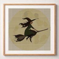 witch-silhouette-moon framed cross stitch mockup, realistic finished embroidery design, PDF pattern digital download