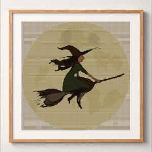 witch-silhouette-moon framed cross stitch mockup, realistic finished embroidery design, PDF pattern digital download