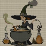 witches-kitchen full cross stitch design mockup without frame, realistic embroidery preview