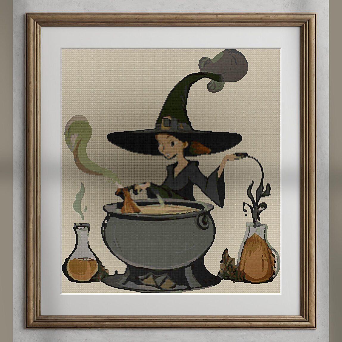 witches-kitchen alternative framed mockup witches-kitchen alternative framed cross stitch mockup, realistic finished embroidery presentation