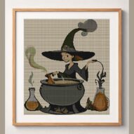 witches-kitchen framed cross stitch mockup, realistic finished embroidery design, PDF pattern digital download