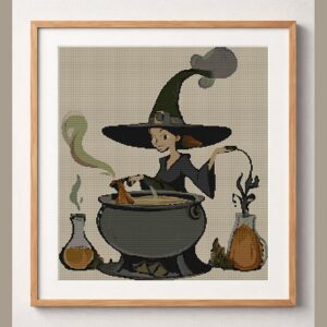 witches-kitchen framed cross stitch mockup, realistic finished embroidery design, PDF pattern digital download