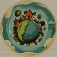 world-in-droplets full cross stitch design mockup without frame, realistic embroidery preview