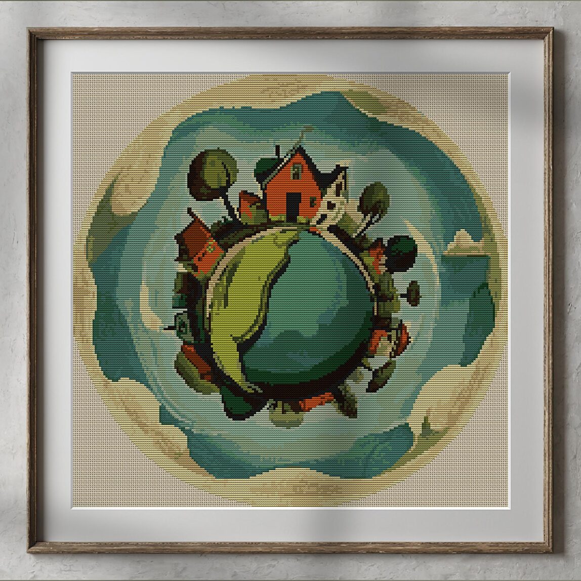 world-in-droplets alternative framed cross stitch mockup, realistic finished embroidery presentation