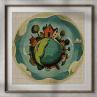 world-in-droplets alternative framed cross stitch mockup, realistic finished embroidery presentation