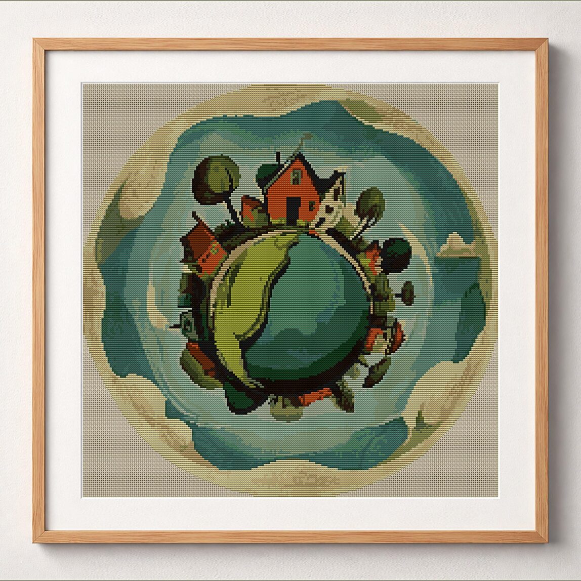 world-in-droplets framed cross stitch mockup, realistic finished embroidery design, PDF pattern digital download
