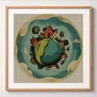 world-in-droplets framed cross stitch mockup, realistic finished embroidery design, PDF pattern digital download