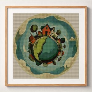 world-in-droplets framed cross stitch mockup, realistic finished embroidery design, PDF pattern digital download