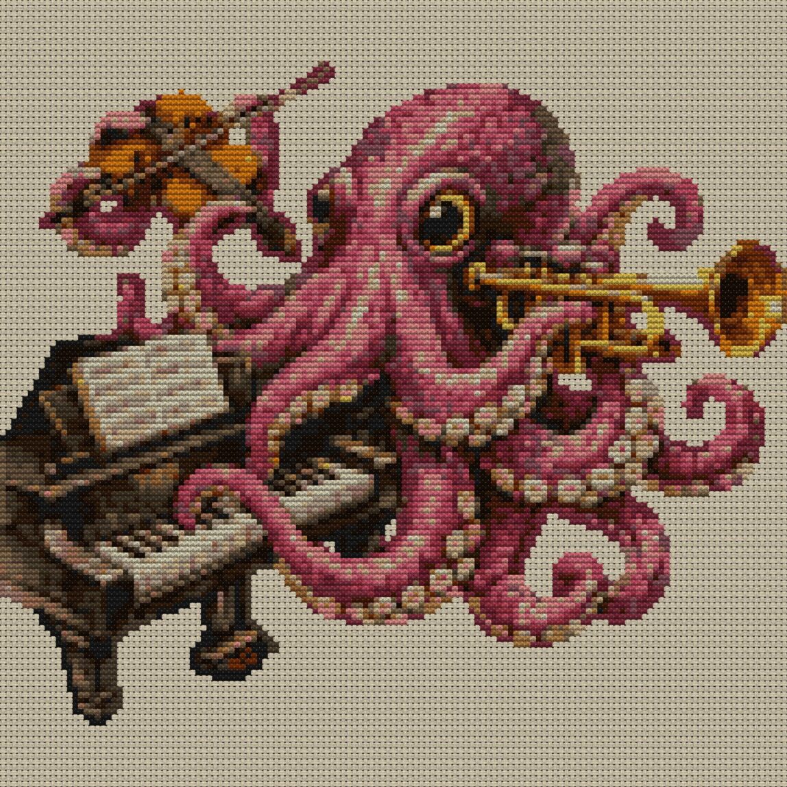 octopus-playing-music full design mockup without frame octopus-playing-music full cross stitch design mockup without frame, realistic embroidery preview
