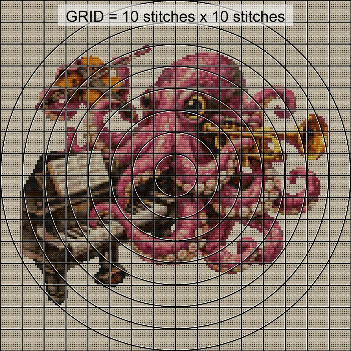 octopus-playing-music zoomed stitching detail octopus-playing-music close-up cross stitch detail showing color changes, confetti areas and stitch texture