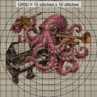 octopus-playing-music close-up cross stitch detail showing color changes, confetti areas and stitch texture
