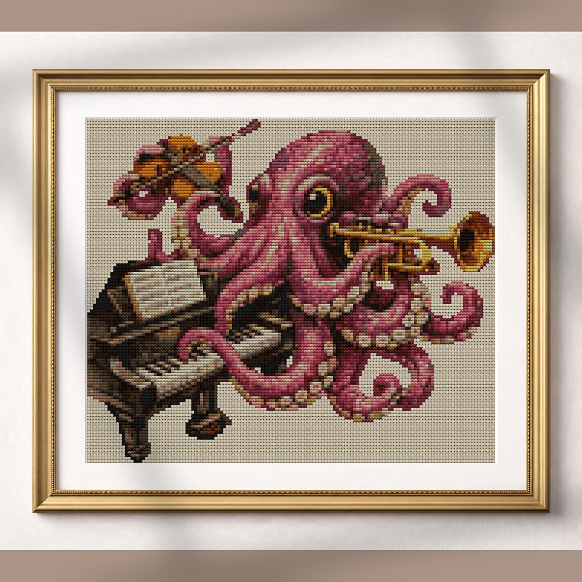 octopus-playing-music alternative framed mockup octopus-playing-music alternative framed cross stitch mockup, realistic finished embroidery presentation