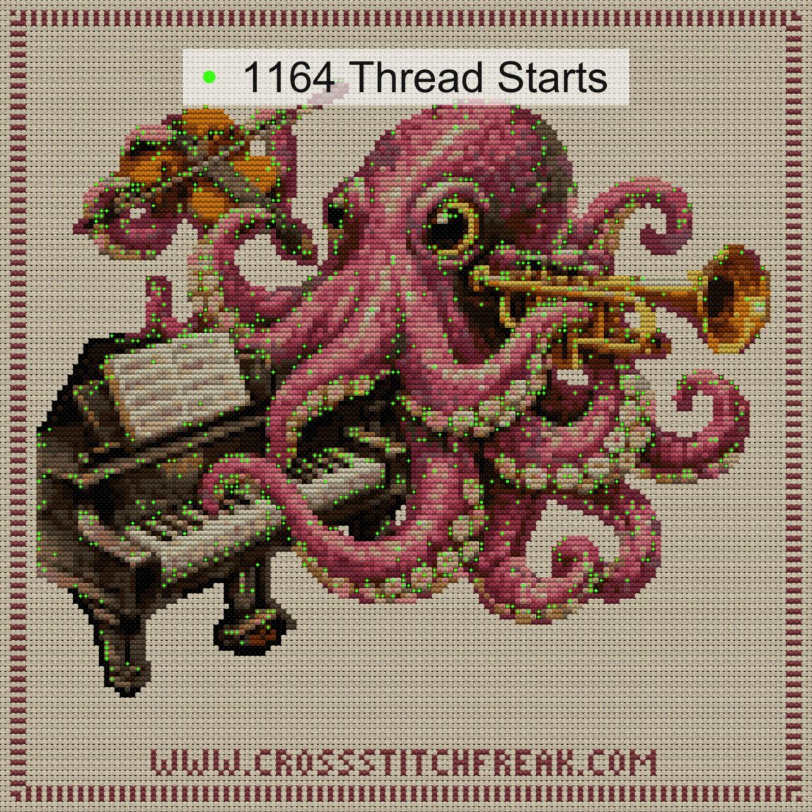 octopus-playing-music thread start point map octopus-playing-music cross stitch start point map with highlighted thread start positions in the full design