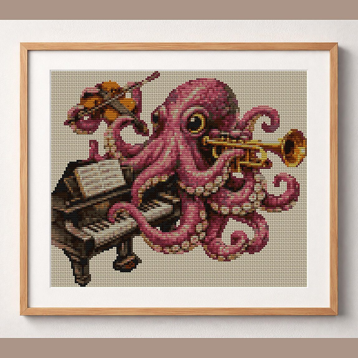octopus-playing-music framed cross stitch mockup octopus-playing-music framed cross stitch mockup, realistic finished embroidery design, PDF pattern digital download