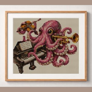 octopus-playing-music framed cross stitch mockup, realistic finished embroidery design, PDF pattern digital download