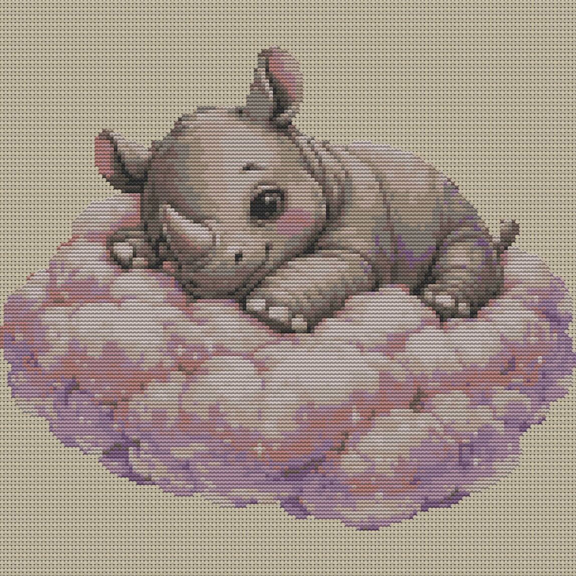 baby-rhino full cross stitch design mockup without frame, realistic embroidery preview