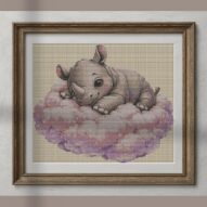 baby-rhino alternative framed cross stitch mockup, realistic finished embroidery presentation